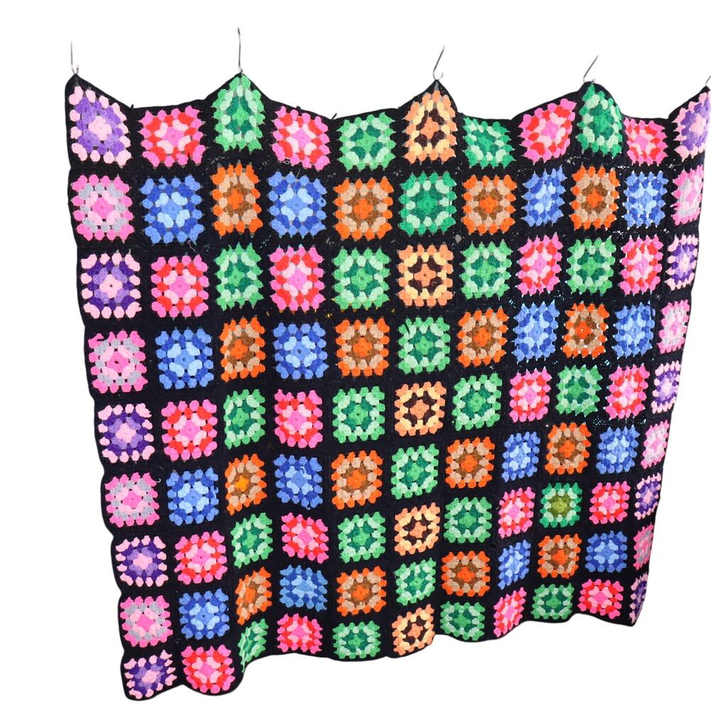 Vintage Granny Square‎ Crochet Blanket 60x54 Black Multicolor Throw